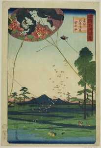 Drachen von Fukuroi und Fernsicht auf Akiba in der Provinz Totomi (Enshu Akiba enkei Fukuroi tako), aus der Serie "Hundert berühmte Ansichten in den verschiedenen Provinzen (Shokoku meisho hyakkei)" von Utagawa Hiroshige II