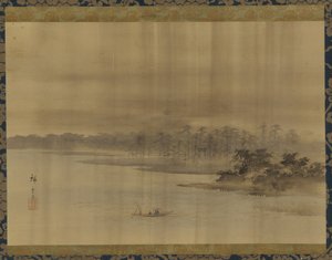 Flusslandschaft und Tempel im Regen von Utagawa Hiroshige II