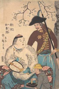 Russen und ein Chinese beschriften einen Fächer, 12. Monat, 1860 von Utagawa Hiroshige II