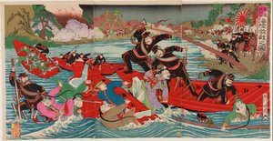 Heftige Schlacht zu Land und zu Wasser am Taidong-Fluss bei Pyongyang, September 1894 von Utagawa II Kunitora