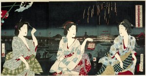 Genießen der Abendbrise während des Feuerwerks in Ryogoku von Utagawa Kunichika