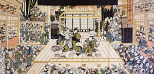 Kabuki-Theateraufführung in Edo, Ukiyo-e-Kunstdruck von Utagawa Kunimaru (1794-1829), Holzschnitt, japanische Zivilisation, Edo-Periode