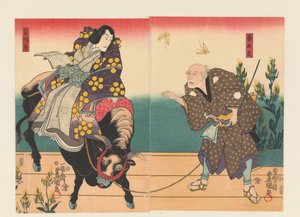 Bauer begleitet Höfling auf schwarzem Ochsen von Utagawa Kunisada (I)