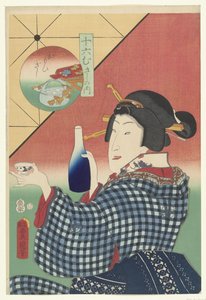 Sake-Flasche und Tasse von Utagawa Kunisada (I)