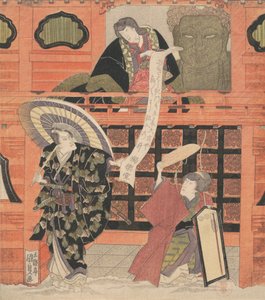 Ichikawa Danjuro VII als Konoshita Tokichi, Nakamura Daikichi als seine Frau und Iwai Hanshiro, ca. 1819 von Utagawa Kunisada