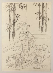 Vorbereitende Zeichnung für das linke Blatt des Triptychons Elegantes Instrumentaltrio von Mädchen von Utagawa Kunisada