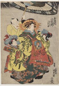 Die Kurtisanen Hanamurasaki und Koshikibu von Tamaya, promenierend im Regen von Utagawa Kunisada