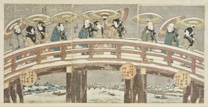 Winterszene mit Glück verheißenender Schauspielerprozession von Utagawa Kunisada