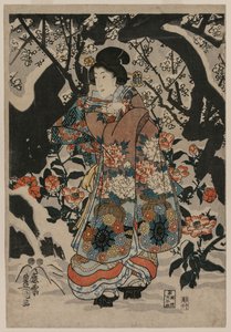 Frau steht neben einem Pflaumenbaum, ca. 1850 von Utagawa Kunisada