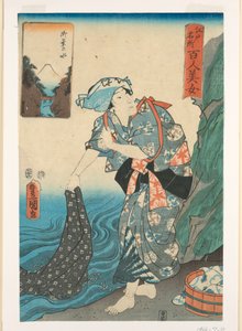 Frau wäscht Stoff in einem Bach von Utagawa Kunisada