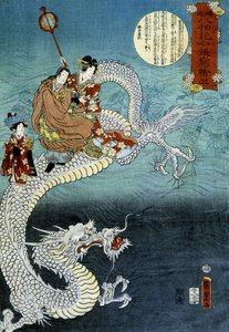 Drache und Japaner in traditioneller Kleidung - Japanischer Druck von Kounisoda von Utagawa Kunisada III