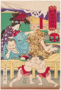 Kampf zweier Sumo-Kinder vor Tachibana Muneshige von Utagawa Kuniteru