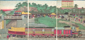 Illustration einer Dampflokomotive auf der Takanawa-Eisenbahn in Tokio von Utagawa Kuniteru