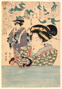 Pentaptychon: Fünf Mädchen mit Theaterpuppen von Utagawa Kuniyasu