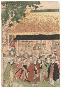 Eine Gruppe von Schauspielern auf dem Weg zum Oji (Inari jinja) Schrein am Neujahrstag, signiert Kuniyoshi, kiwame Siegel, Oban tate-e Triptychon
