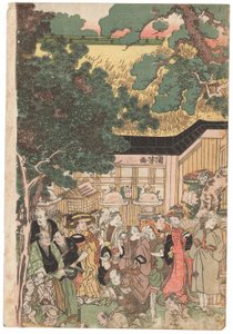 Eine Gruppe von Schauspielern auf dem Weg zum Oji (Inari jinja) Schrein am Neujahrstag, signiert Kuniyoshi, kiwame-Siegel, Oban tate-e Triptychon