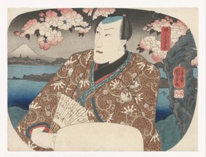 Schauspieler mit Fächer unter Kirschblüten von Utagawa Kuniyoshi