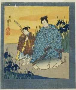 Schauspieler Ichikawa Danjuro VIII als Narihira bei Yatsuhashi aus "Ein sechsteiliges Paravent berühmter Bilder (Meiga rokushi byobu)" von Utagawa Kuniyoshi