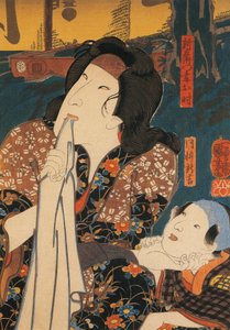 Schauspieler in nachdenklicher Pose neben einem Kind, von Utagawa Kuniyoshi, Holzschnitt von Utagawa Kuniyoshi