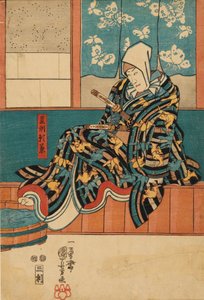 Ein Schauspieler sitzt am Bühnenrand von Utagawa Kuniyoshi