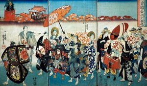 Tapferer Kuniyoshi mit seinem Paulownia-Design (Isamashiki Kuniyoshi kiri no tsuimoyō) 1848 von Utagawa Kuniyoshi
