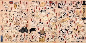 Katzen. Aus der Serie Dreiundfünfzig Stationen des Tokaido-Triptychons, ca. 1848 von Utagawa Kuniyoshi