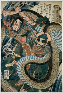Chūsenko Teitokuson (Ding Desun) von einer Schlange auf einem Bergpfad angegriffen von Utagawa Kuniyoshi