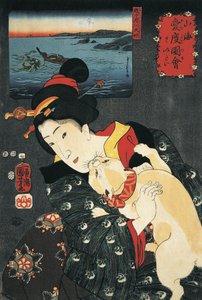 Nahaufnahme einer jungen Frau mit einer Katze in den Armen von Utagawa Kuniyoshi