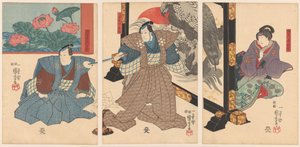 Drei Schauspieler bei einem Wandschirm von Utagawa Kuniyoshi
