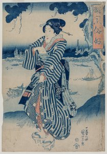 Geisha, die am Ufer des Sumida-Flusses steht (aus der Serie Menschen, die die neuesten Moden und Manieren mögen) von Utagawa Kuniyoshi