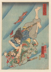 Genshogō kämpft unter Wasser (Serie: Moderne lebensechte Puppen) von Utagawa Kuniyoshi