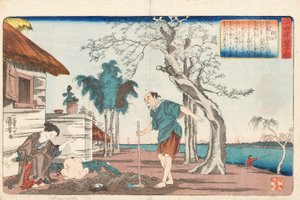 Kakkyo und seine Frau entdecken einen Topf Gold in dem Loch, das sie gruben, um ihren Säuglingssohn zu begraben, signiert Ichiyusai Kuniyoshi ga, ca. 1843 von Utagawa Kuniyoshi