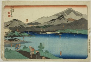Minakuchi, Ishibe, Kusatsu, Otsu und Kyoto, aus der Serie "Berühmte Orte an den dreiundfünfzig Stationen des Tokaido, Fünf Stationen (Tokaido gojusan eki goshuku meisho)" von Utagawa Kuniyoshi