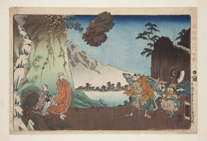 Nichiren und der schwebende Felsen am Berg Komuro am 28. Tag des fünften Monats 1274 von Utagawa Kuniyoshi