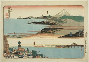 Nihonbashi, Shinagawa, Kawasaki und Kanagawa, aus der Serie "Berühmte Orte an den 53 Stationen des Tokaido, Vier Stationen (Tokaido gojusan eki yonshuku meisho)" von Utagawa Kuniyoshi