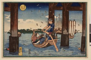 Pilgermarken flattern ins Meer unterhalb der Brücke bei Tsukuda Island, aus der Serie Berühmte Ansichten der östlichen Hauptstadt von Utagawa Kuniyoshi