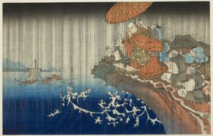 Gebet um Regen in Ryozengasaki in Kamakura, 1271, aus der Serie "Kompakte illustrierte Biografie des großen Priesters [Nichiren]" von Utagawa Kuniyoshi