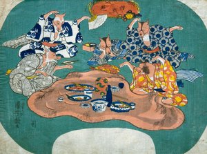 Waschbär und Fuchs beim Spielen, ca. 1842 von Utagawa Kuniyoshi