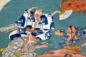 Waschbär und Fuchs beim Spielen (Tanuki to kitsune no asobi), ca. 1842 von Utagawa Kuniyoshi