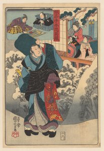 Reisender Mönch in Schneelandschaft schaut auf Zimmer mit Frau und Kind von Utagawa Kuniyoshi