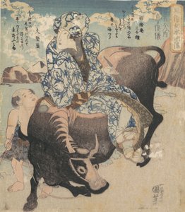 Roshungi Chinese, Lu Zhunyi als Frau mit Pfeife auf einem Büffel reitend von Utagawa Kuniyoshi