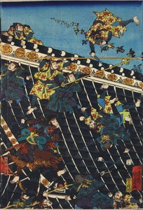 Blatt aus einem Farbholzschnitt-Triptychon, betitelt Hōryukaku shō no zu, Darstellung einer Szene aus dem Hakkenden von Takizawa Bakin, die einen Kampf auf dem Tempeldach zwischen Inuzuka Shino (rechts) und der Polizei unter Inukai Kempachi zeigt, adaptier