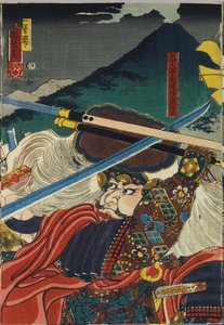 Blatt aus einem Farbholzschnitt-Triptychon, betitelt Kawanakajima kassen (Die Schlacht von Kawanakajima), das eine Nahaufnahme des persönlichen Aufeinandertreffens der beiden Anführer Uesugi Kenshin (links) und Takeda Shingen zeigt: Japan, Edo, von Utagawa von Utagawa Kuniyoshi