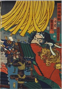 Blatt aus einem Farbholzschnitt-Triptychon, betitelt Kawanakajima kassen von Utagawa Kuniyoshi