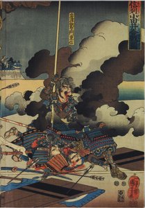 Blatt aus einem Farbholzschnitt-Triptychon, betitelt Shinshū Odai kassen no zu von Utagawa Kuniyoshi