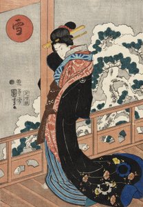 Schnee: Schönheit auf einer Veranda von Utagawa Kuniyoshi