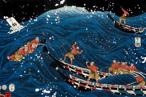 Das Gedeihen der sieben Küsten mit großen Fischen (Nana ura tairyō hanjō no zu) von Utagawa Kuniyoshi