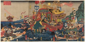 Die völlige Niederlage des Taira-Clans im großen Genpei-Krieg in der Akama-Bucht in der Provinz Nagato (Nagato no Akama no ura ni oite Genpei ogassen Heike ichimon kotogotoku horobiru zu) von Utagawa Kuniyoshi