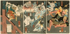 Der junge Yoshitsune besiegt Benkei an der Gojo-Brücke von Utagawa Kuniyoshi