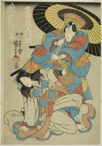 Die Schauspieler Ichimura Uzaemon XII als Tada Kurodo Yukitsuna und Bando Shuka als Geist von Naruto no Mae von Utagawa Kuniyoshi